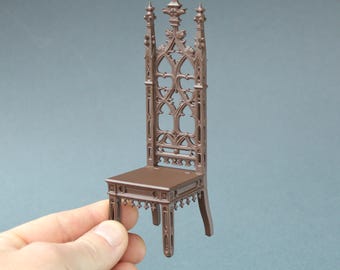 Miniature Gothic Revival Hall Chair: 1/12, 1/6 Scale Dollhouse and Doll Furniture