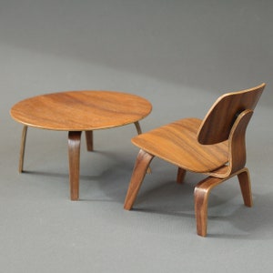 1/6 scale mid modern century wooden miniature designer coffee table and lounge chair set for dolls