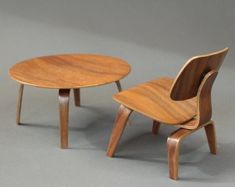 1/6 scale mid modern century wooden miniature designer coffee table and lounge chair set for dolls