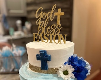 Personalized God Bless Cake Topper | Custom Name Baptism Cake Topper | Christening | First Communion | Baptism | Holy Cross Topper