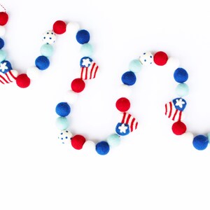 4th of July Hearts Felt Ball Garland | Red White & Blue Pom Pom Garland | Fourth of July Decorations | Stars and Stripes | July 4th Decor