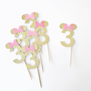 Minnie Mouse Cupcake Toppers / Minnie 3rd Birthday / Minnie Mouse Birthday Party Decor / Disney Party / Three Cupcake Toppers / 3 Years Old