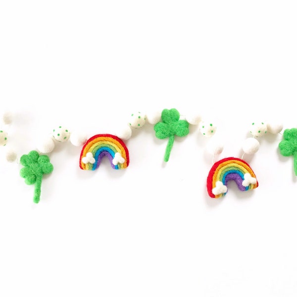 St Patrick's Day Felt Ball Garland | Shamrocks and Rainbows | Felt Rainbow Banner | Felt Shamrock Banner | Pom Pom Garland | St Patty's Day