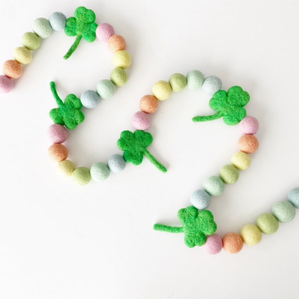 Pastel Rainbow Shamrock Felt Ball Garland | Felt Shamrocks | St Patricks' Day Garland | St Patrick's Day Banner | Rainbow Banner Decor