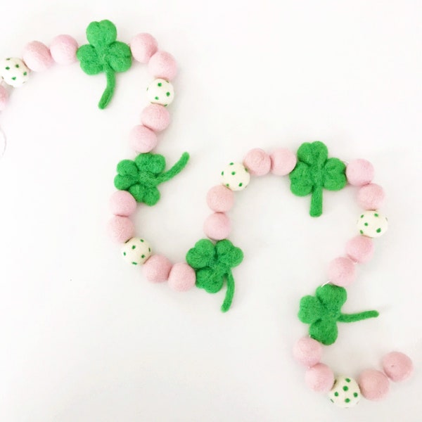 Pink and Green Shamrock Felt Ball Garland | St Patrick's Day Garland | St Patty's Decorations | Shamrock Banner | Pom Pom Garland