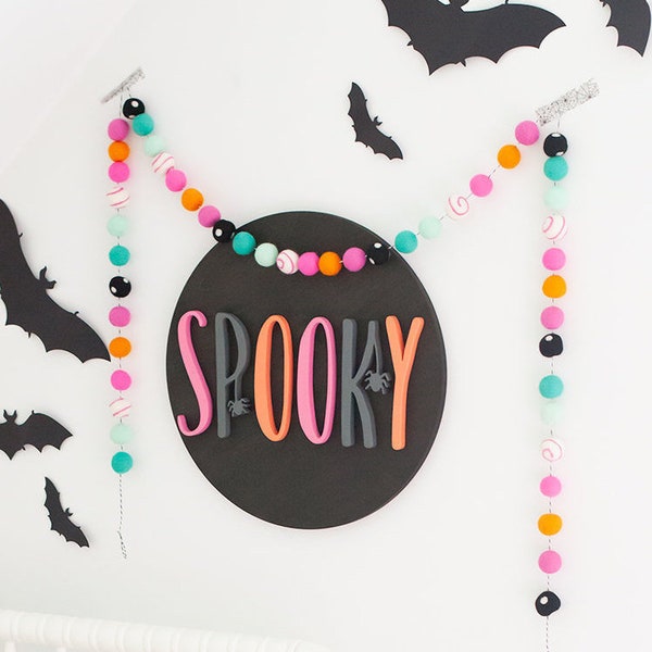 Halloween-girlang av filtbollar | Höst-filtbollsgirlang | Pompom-girlang | Halloweendekorationer | Höstheminredning | Glad Halloween-skylt