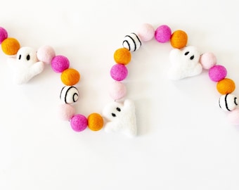 Pink and Orange Ghost Garland | Halloween Felt Ball Garland | Halloween Decorations | Halloween Banner | Happy Halloween | Ghoul Gang