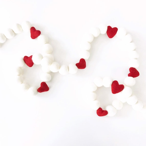 XOXO garland Valentines Day decor Red and white garland Valentine felt ball garland Valentine decor
