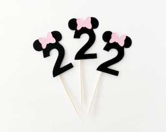 Topper per cupcake Minnie Mouse Oh Twodles / Topper per cupcake Minnie Mouse 2° compleanno / Topper per cupcake Minnie Mouse con fiocco rosa chiaro / Topper numero 2