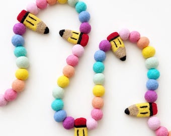 Back To School Felt Ball Garland | First Day of School Pom Pom Garland | 1st Day of School Breakfast | Back to School Decor | Felt Pencils