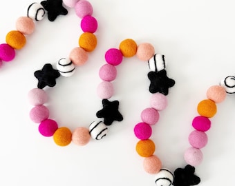 Halloween Felt Ball Garland with Felt Stars | Halloween Decorations | Pom Pom Garland | Woolie Ball Garland | Halloween Home Decor