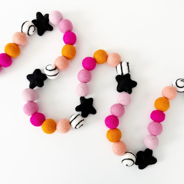 Halloween Felt Ball Garland with Felt Stars | Halloween Decorations | Pom Pom Garland | Woolie Ball Garland | Halloween Home Decor