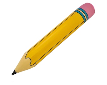 Puede incluir: Un lápiz amarillo con una punta de grafito negra, una sección de madera de color canela claro y una goma de borrar rosa en el extremo. El lápiz presenta un cuerpo cilíndrico con líneas negras finas a lo largo y dos bandas azules cerca de la goma.