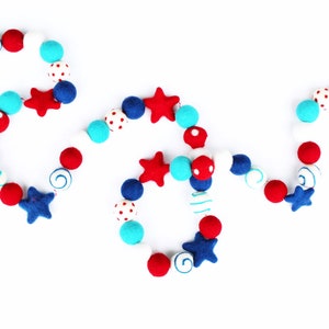4th of July Felt Ball Garland with Red & Blue Felt Stars | Fourth of July Pom Pom Garland | Red White Blue | Stars and Stripes | Oh My Stars