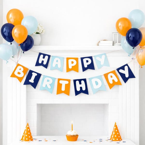 Navy Blue, Light Blue, and Orange Happy Birthday Banner | Dog Birthday Banner | Dog Theme Birthday Banner