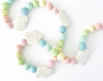 Pastel Rainbow Felt Ball Garland | Felt Clouds | Cloud Garland | Rainbow Banner | Nursery Garland | Nursery Decoration