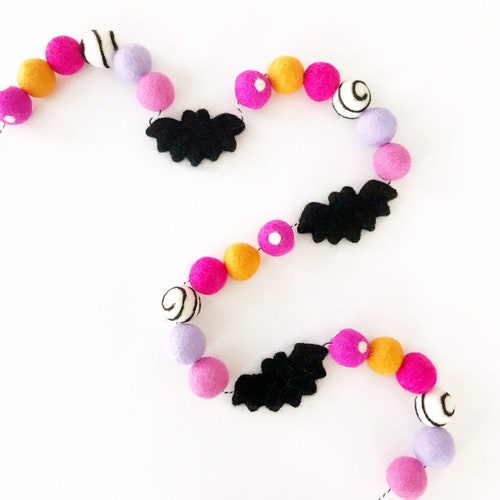 Halloween Felt Ball Garland With Felt Bats Etsy
