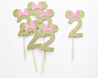 Topper per cupcake di Minnie Mouse per il secondo compleanno, decorazioni glitterate per feste