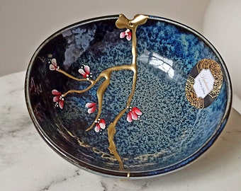 ひまわりの金継ぎ皿 - 金継ぎ鉢 - 金継ぎ陶器 - 青と黄色 - ギフト