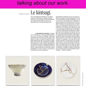 Peut inclure: Un article de journal sur l'art japonais du Kintsugi, qui consiste &agrave; r&eacute;parer la poterie cass&eacute;e avec de la laque dor&eacute;e. L'article pr&eacute;sente deux images de bols r&eacute;par&eacute;s, l'un bleu et l'autre blanc, avec des lignes dor&eacute;es mettant en &eacute;vidence les fissures. Le texte traite de l'histoire et du symbolisme du Kintsugi, ainsi que de sa popularit&eacute; actuelle.