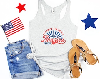 Regata América, Camiseta Terra da Liberdade, Camisa Patriótica, Regata 4 de Julho, Camisa Patriótica Estilo Vintage, Regata Tri-Blend Racerback Feminina