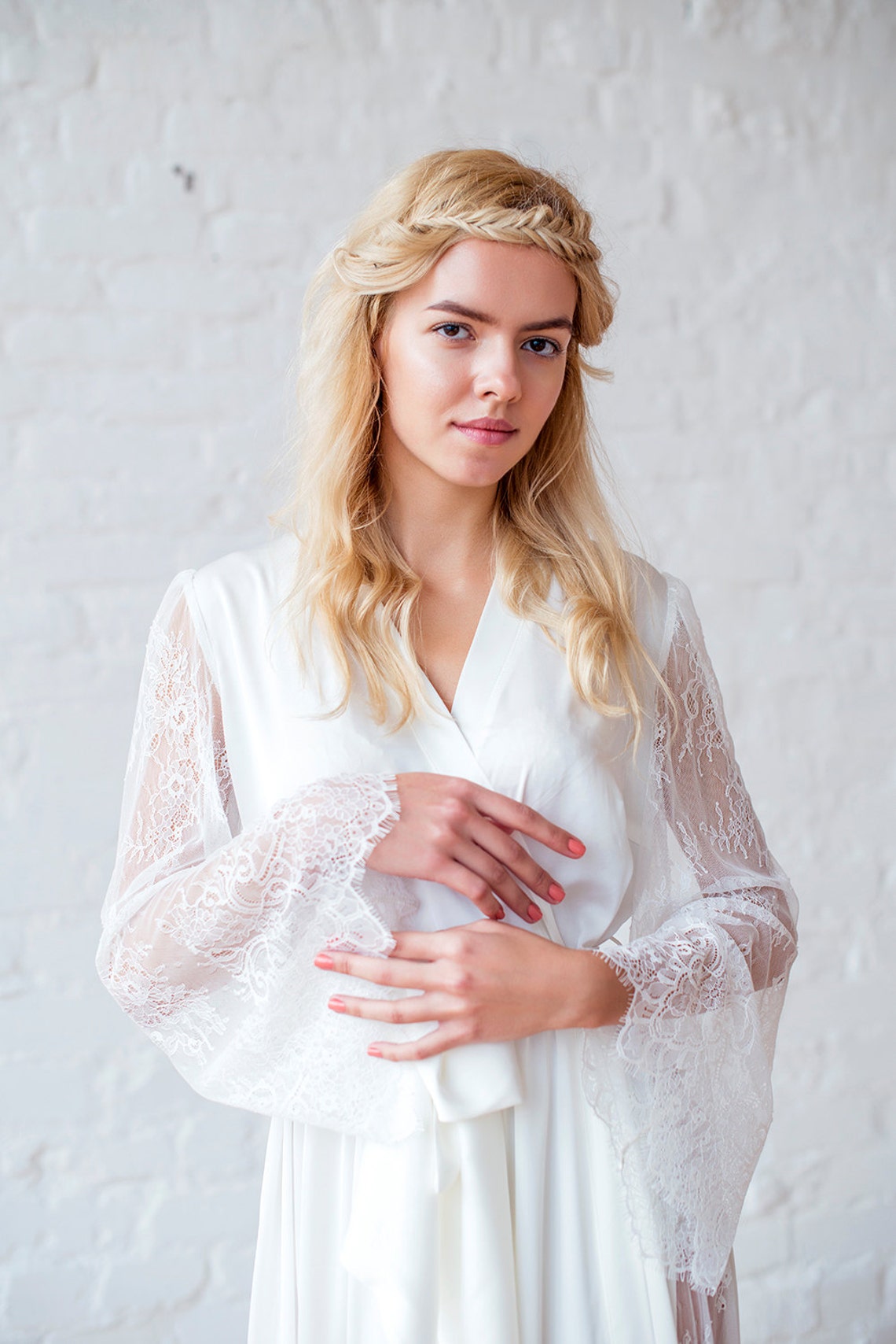 Long bridal robe with long lace sleeves floor length skirt Etsy