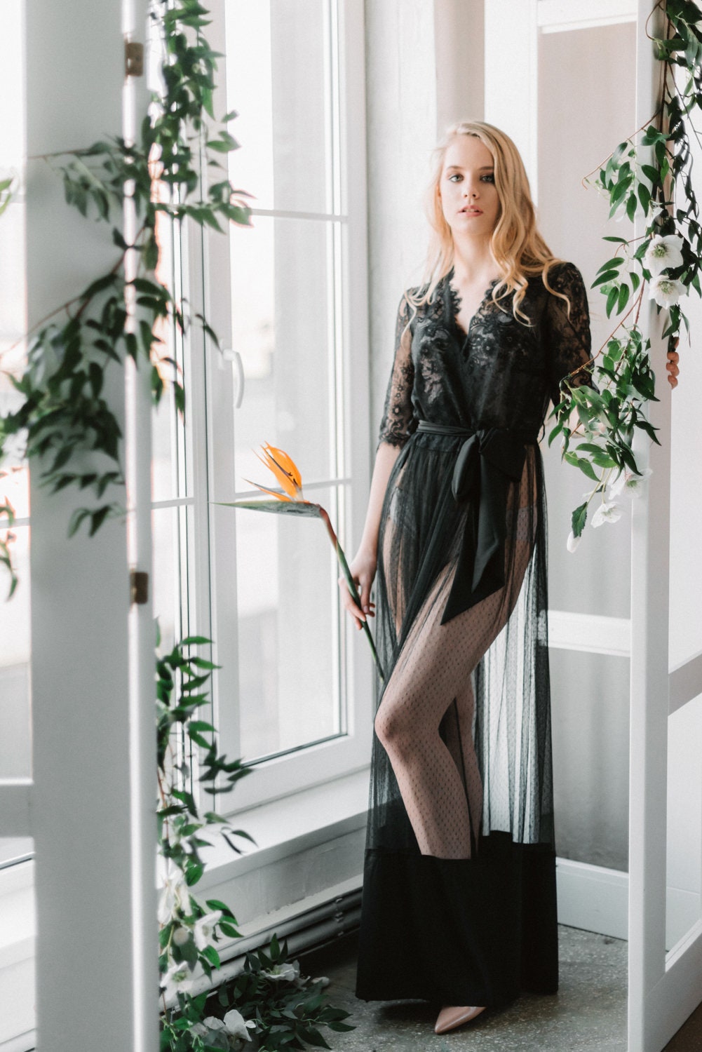 Black lace womens robe sheer tulle long bride robe bridal Etsy