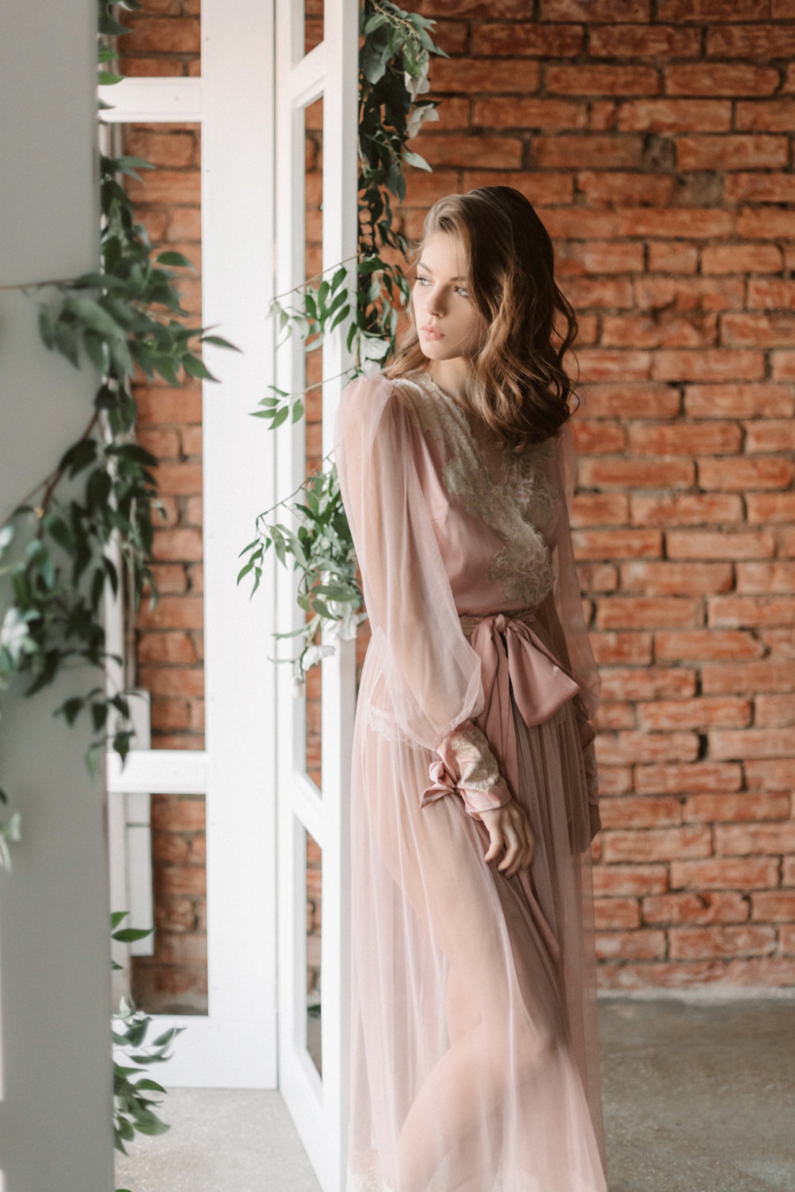 Sheer blush boudoir robe with long sleeves long tulle Etsy