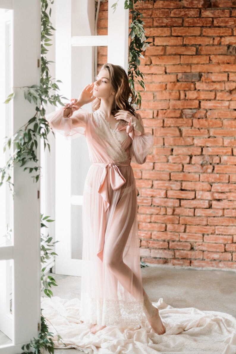 Sheer blush boudoir robe with long sleeves long tulle Etsy