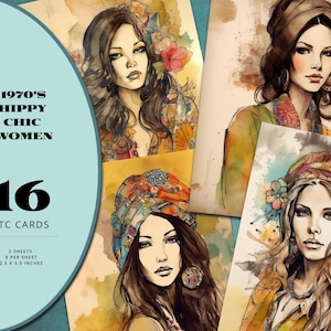 Vintage 70er Hippy Chic Frauen ATC Karten, Floral Journaling Karten, druckbare Einsätze Ephemera, Junk Journal & Scrapbooking Zubehör