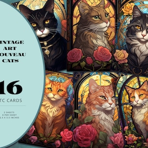 Vintage Art Nouveau Cat Cards, Journaling Cards, Printable Inserts Ephemera, Junk Journal & Scrapbooking Supplies