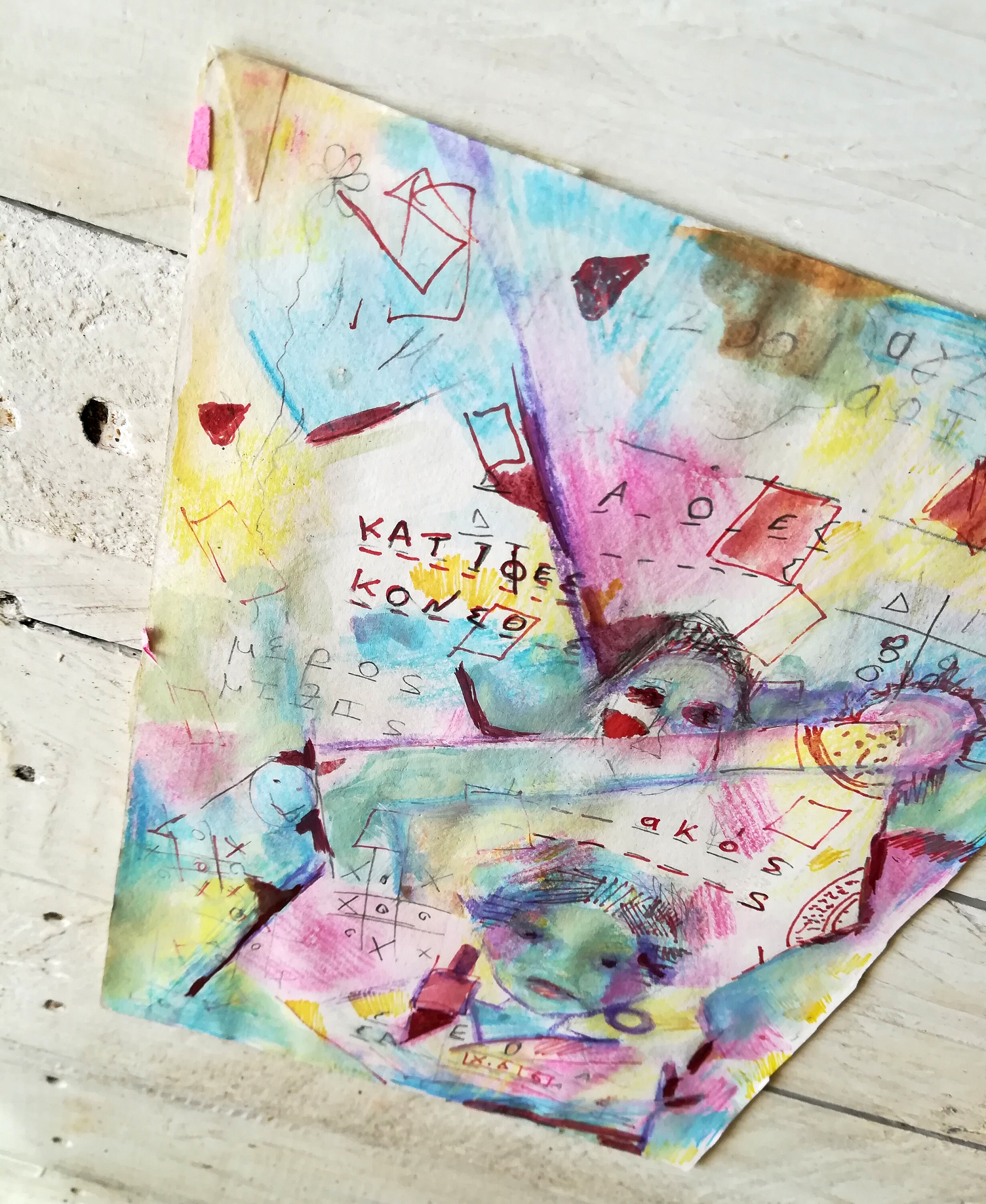 カラフルな抽象芸術：三目並べミクストメディア絵画（7.87 x 5.51