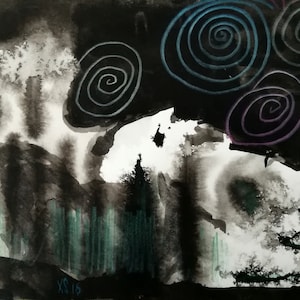 ファンタジーの魚、水中アート、厚紙に描いたオリジナルのインク画