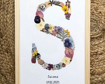 Personalized frame with initial made from dried and pressed flowers