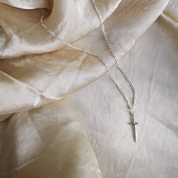 Silver necklace, DAGGER symbol, protection, amulet, dagger, rock, old school