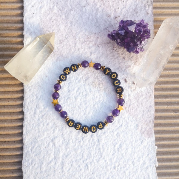 Pulsera de amatista, con mensaje, OWN YOUR POWER, piedra natural