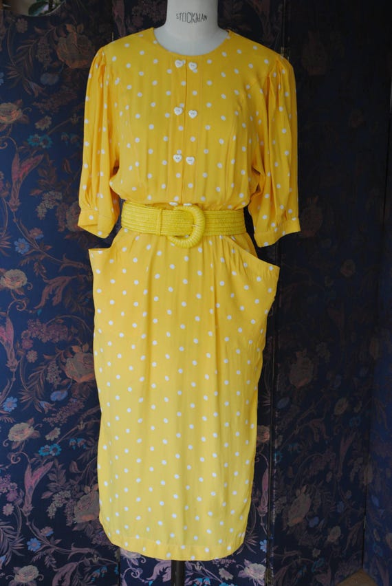 1980 white polka dot yellow cotton dress