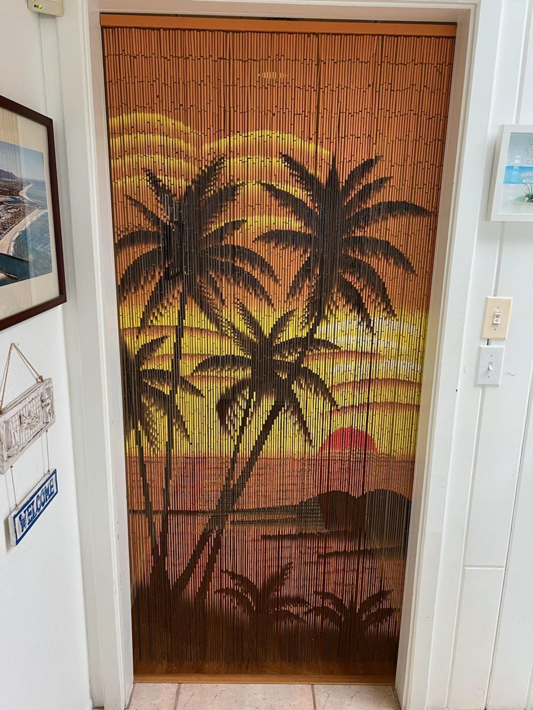Tropical Sunset Beaded Curtain Hand Made/Painted: Doorway Wall Window Room Divider +hanging hardware