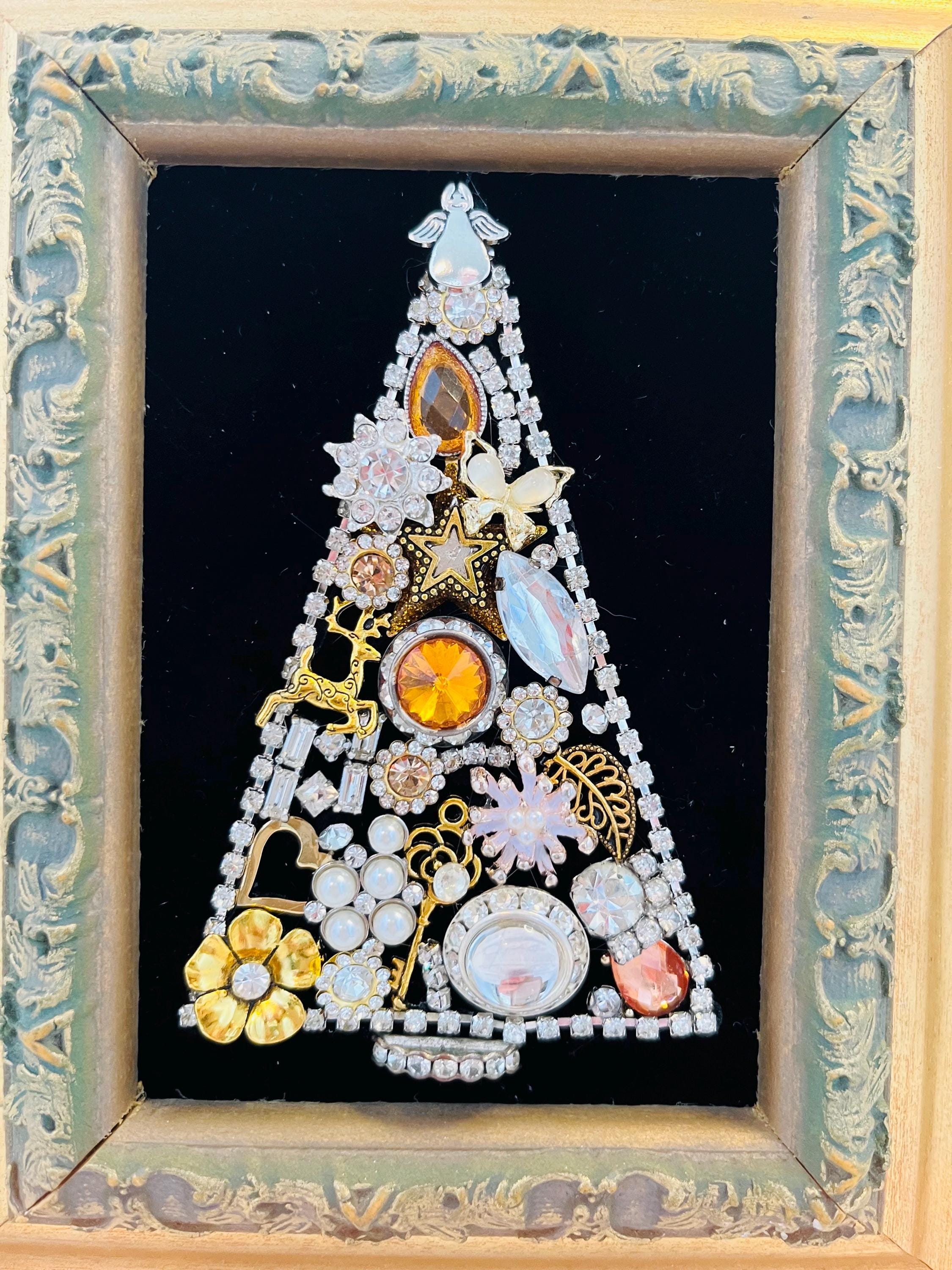 Christmas Tree in Vintage Gold 7.5x6 Frame out of Repurposed Vintage Junk Jewelry with whimsical Ornaments and Charm