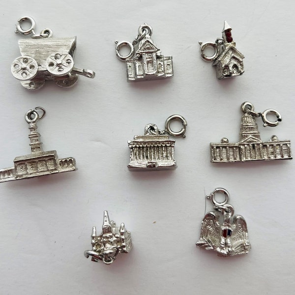 American Patriotic Vintage Charm Bracelet Charms made by Dubarry Fifth Avenue. 8 Signed DFA Silver Tone Metal Charms
