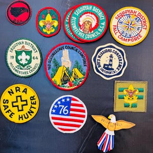 May include: A collection of eleven embroidered patches and one pin featuring various designs including a black eagle, Boy Scouts of America emblems, Sequoyah District camporee logos, a lighthouse, an NRA Safe Hunter badge, and a Desert Shield eagle pin.