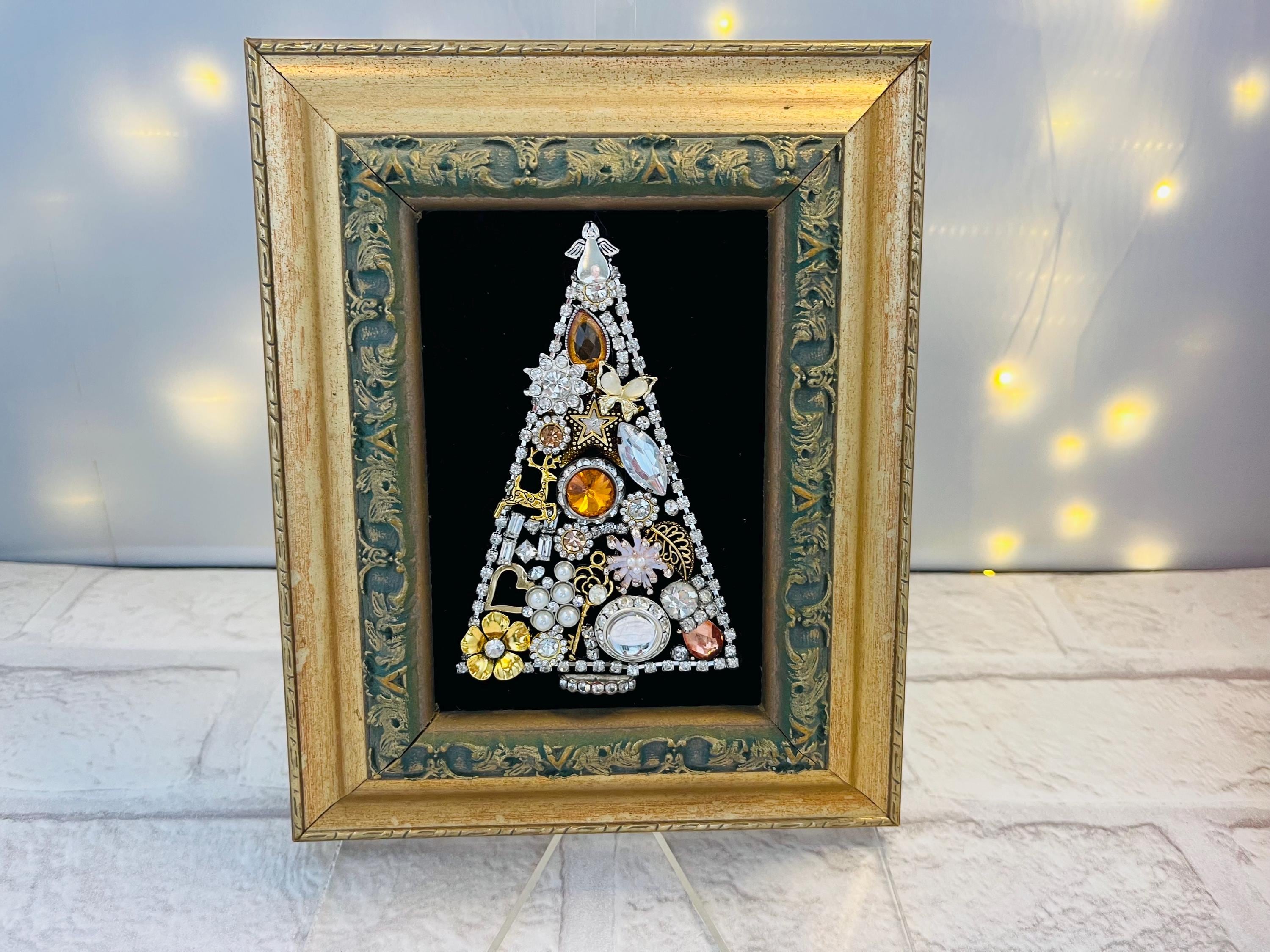 Christmas Tree in Vintage Gold 7.5x6 Frame out of Repurposed Vintage Junk Jewelry with whimsical Ornaments and Charm