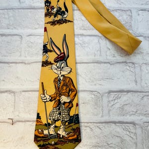 Cravate En Soie 100% Warner Bros - Motif Tweetie Et Diamants, Couleur Marron, 1995