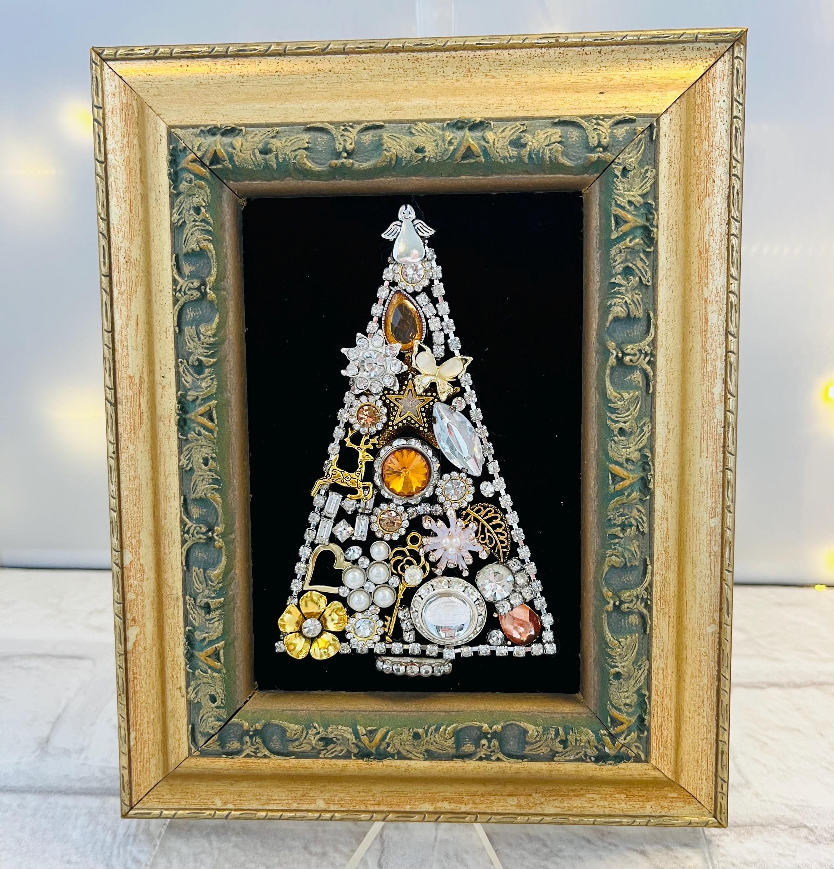 Christmas Tree in Vintage Gold 7.5x6 Frame out of Repurposed Vintage Junk Jewelry with whimsical Ornaments and Charm