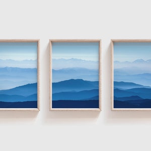3 Panel Mountain Sunrise Set, Mountain Sunrise Art, Mountain Sunrise Prints, Blue 3 Panel Wall Art, Blue Mist Prints, Mountain Decor, Fog