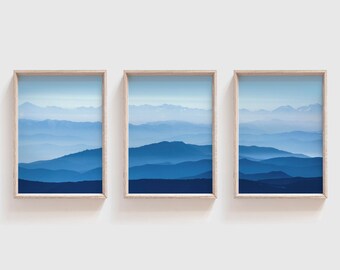 3 Panel Mountain Sunrise Set, Mountain Sunrise Art, Mountain Sunrise Prints, Blue 3 Panel Wall Art, Blue Mist Prints, Mountain Decor, Fog