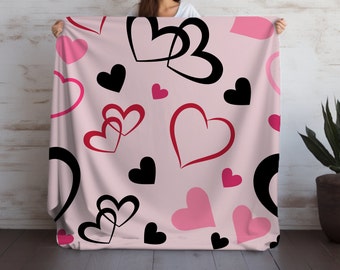 Allover Hearts Blanket with Black Back,  Velveteen Microfiber Blanket, Valentine's Day Blanket, Couples Blanket, Gift for Her, Love Throw