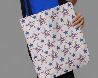 Allover Stars bolso de mano rojo, blanco y azul, bolso de mano patriótico, bolso inspirado en la bandera, bolso de lona gris, moda de la bandera de EE. UU., regalos patrióticos,