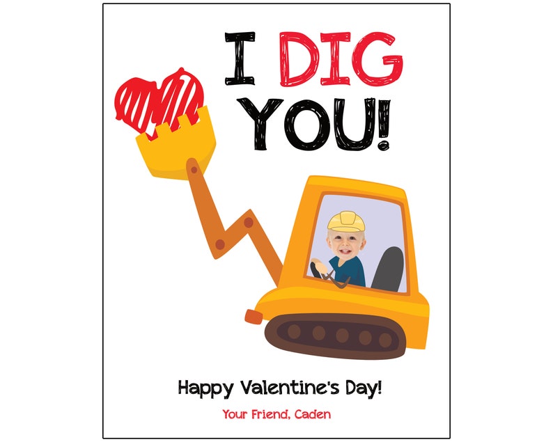 Digger Valentines Construction Valentines Personalized Valentine Cards Custom Photo Valentine