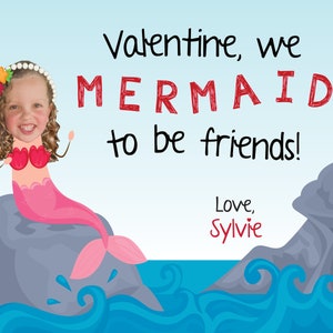 Mermaid Valentines, Mermaid Caricature Valentine Cards, Personalized Valentine Cards, Custom Valentine Card, Kid Valentines, Photo Valentine